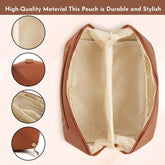 Premium Travel Makeup Pouch – PU Leather Toiletry & Cosmetic Organizer Bag with Handle – Brown